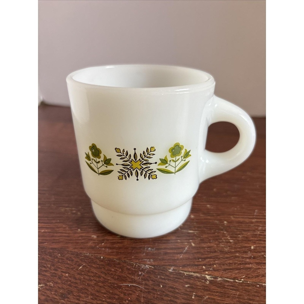 FIRE KING white Coffee Cup Mug vintage milk glass green floral Anchor Hocking